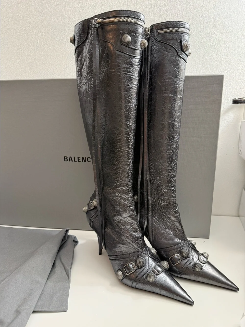 BALENCIAGA Le Cagole studded crinkled-leather knee boots
